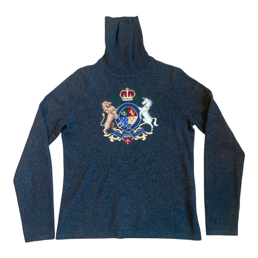 Ralph Lauren Crest Intarsia Cashmere Wool Sweater Lion Unicorn Navy Vintage SM - Picture 2 of 4